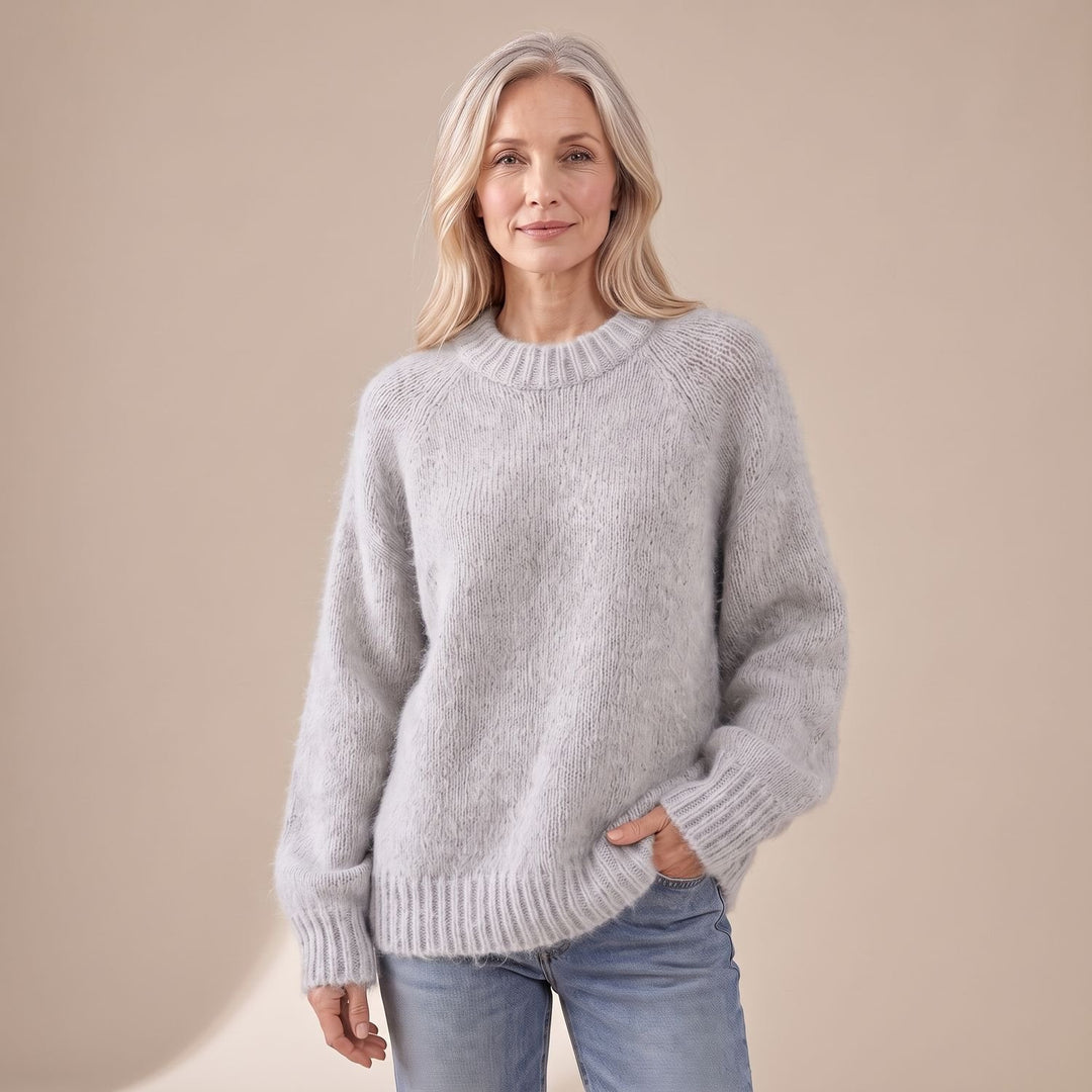 Women's Relaxed-Fit Fluffy Knit Crew Neck Raglan Sweater - Gray