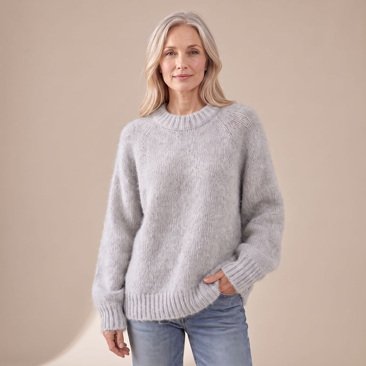 Women's Relaxed-Fit Fluffy Knit Crew Neck Raglan Sweater - Gray