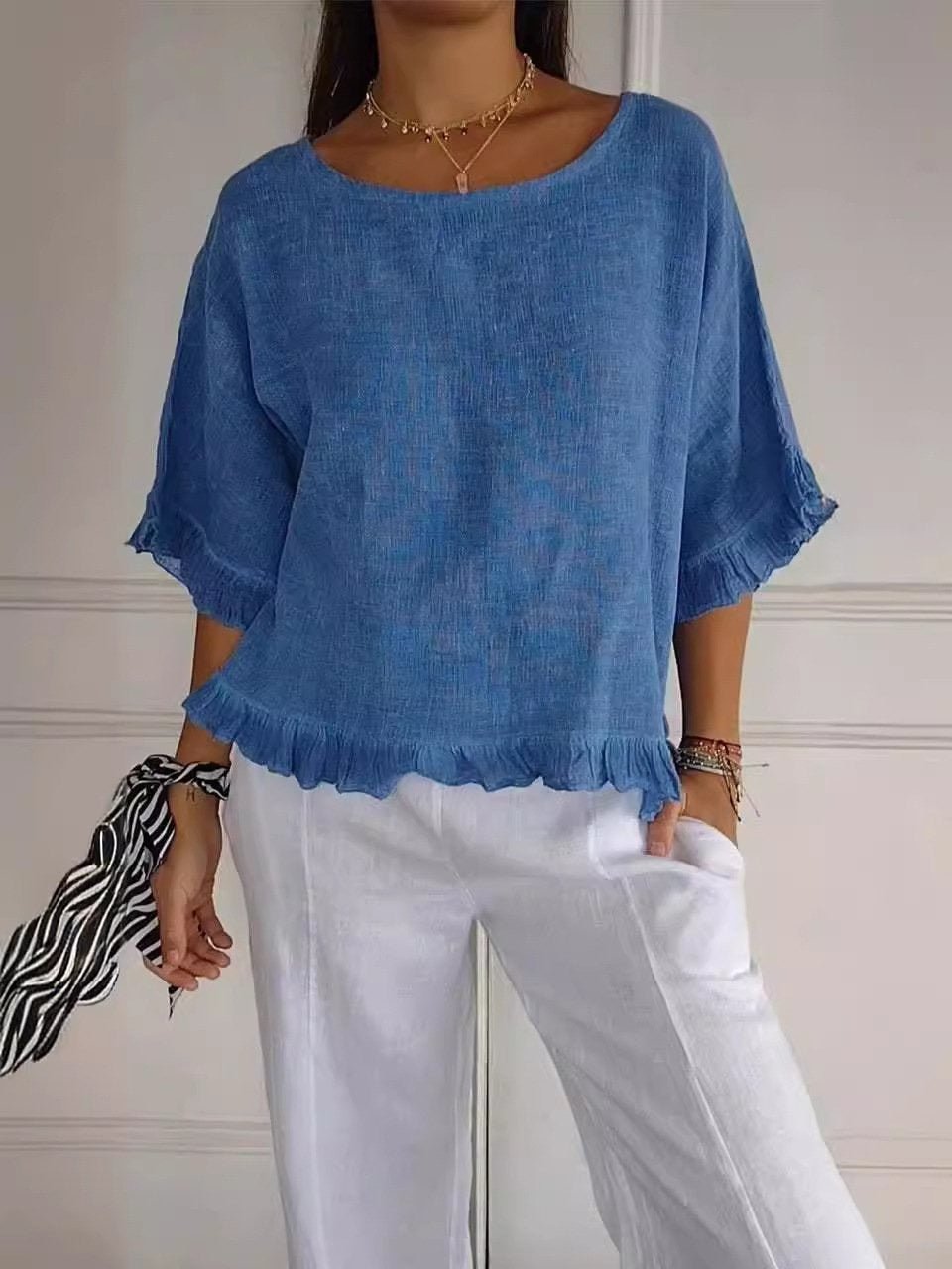 Women's Relaxed-Fit Frayed-Hem Linen-Look Short-Sleeve Blouse - Blue