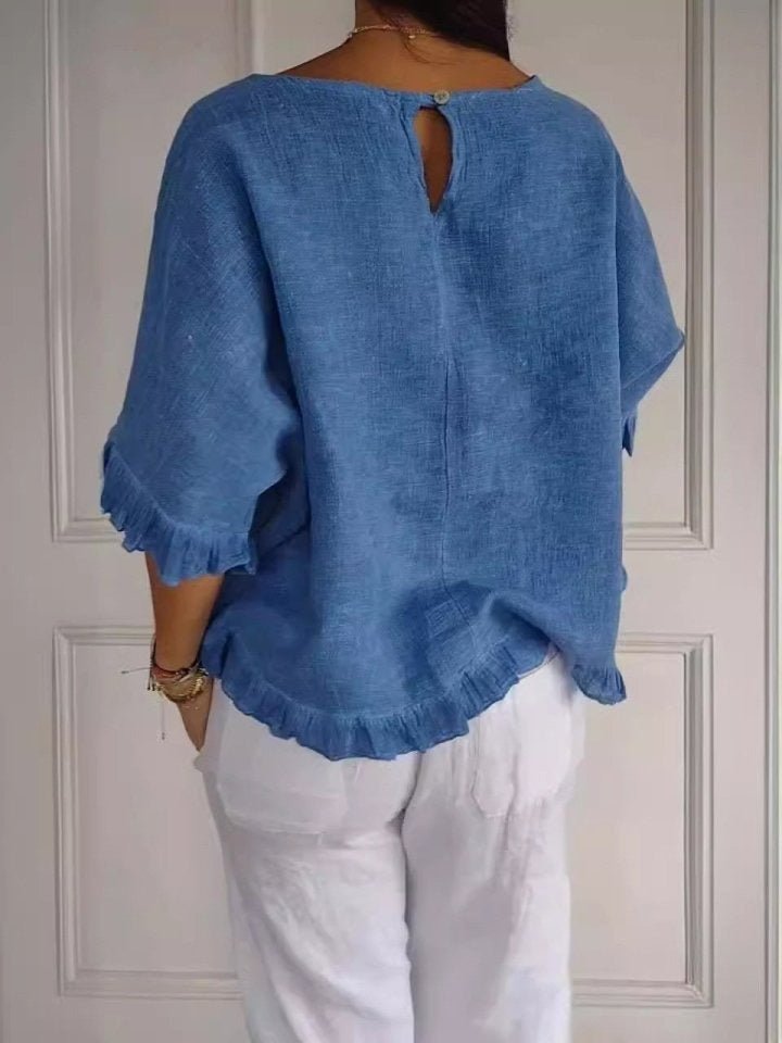 Women's Relaxed-Fit Frayed-Hem Linen-Look Short-Sleeve Blouse