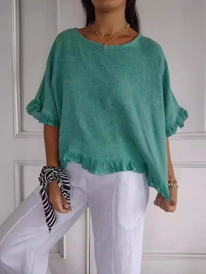 Women's Relaxed-Fit Frayed-Hem Linen-Look Short-Sleeve Blouse - Green