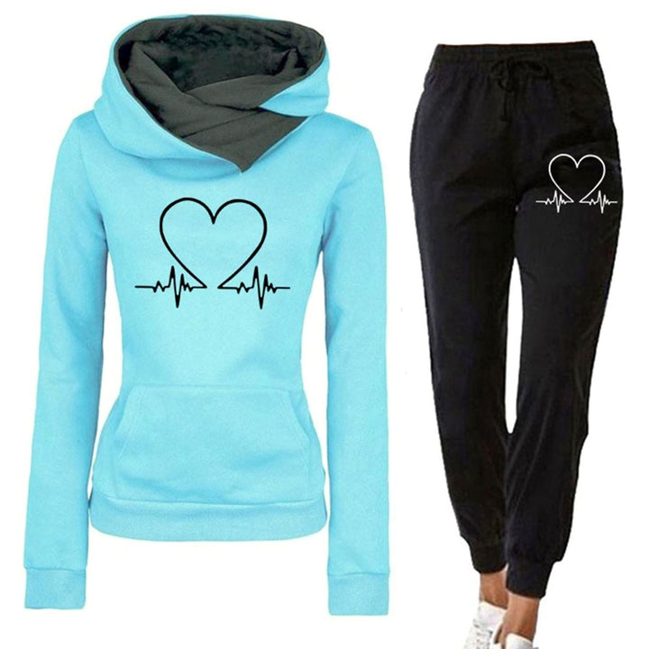 Women's Relaxed-Fit Heart Graphic Two-Piece Tracksuit Hoodie Jogger Set - Blue