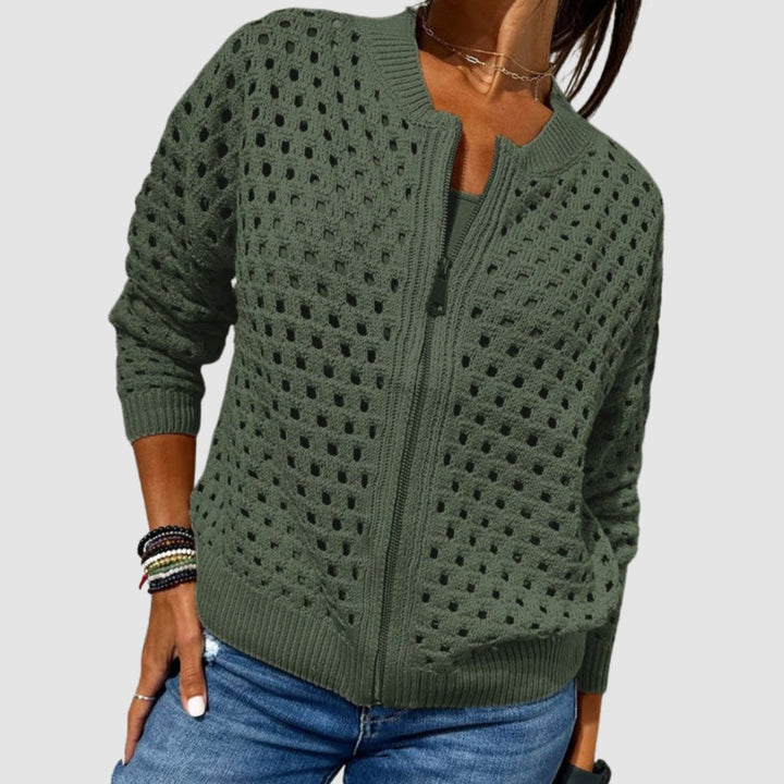 Women's Relaxed-Fit Hollow-Knit Zip-Up Cardigan - Green