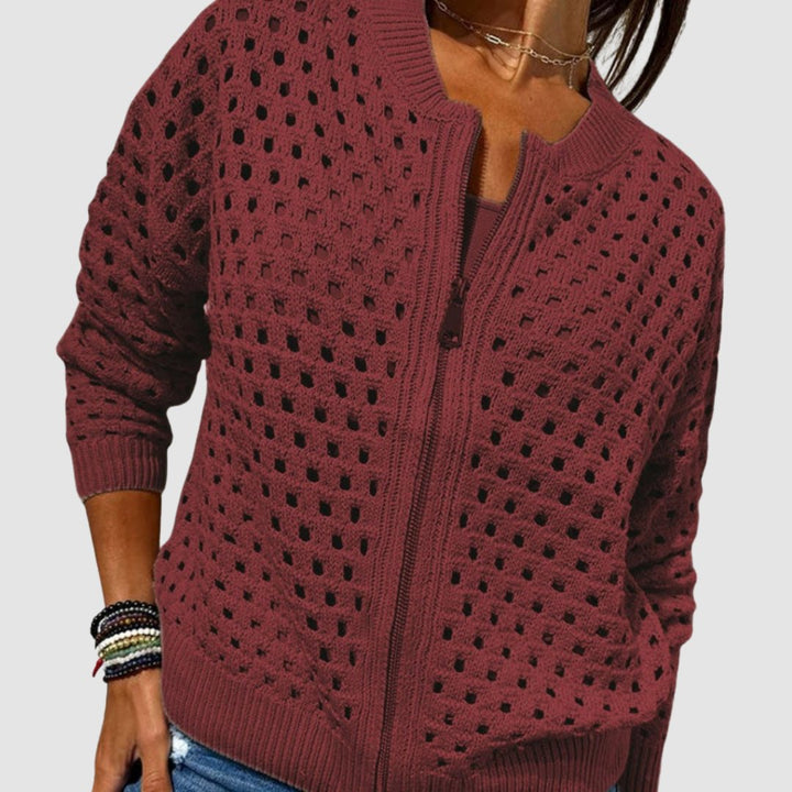 Women's Relaxed-Fit Hollow-Knit Zip-Up Cardigan - Burgundy