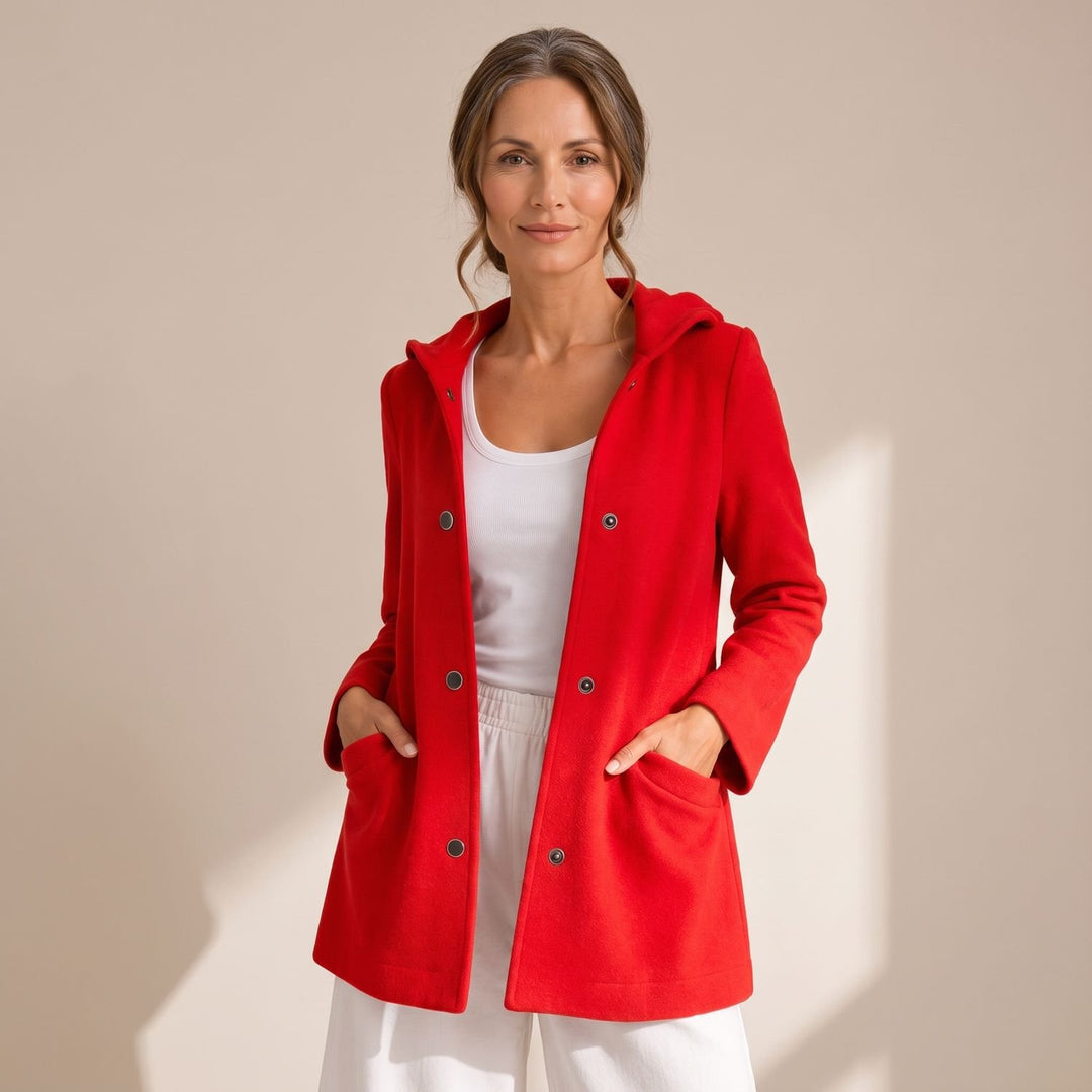 Women's Relaxed-Fit Hooded Button-Up Cardigan Coat - Red