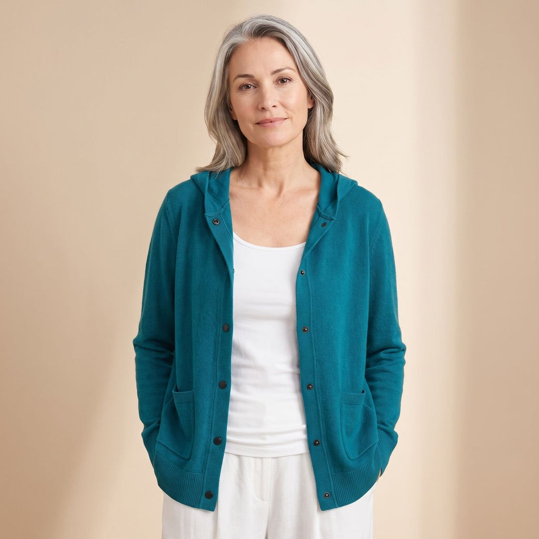 Women's Relaxed-Fit Hooded Button-Up Cardigan Coat - Turquoise