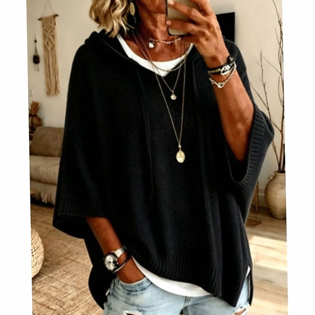 Women's Relaxed-Fit Hooded Drawstring Knit Sweater - Black
