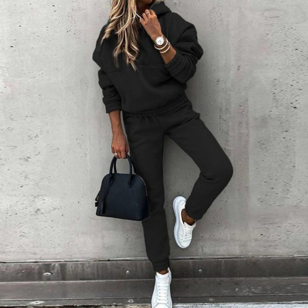 Women's Relaxed Fit Hoodie Jogger Matching Tracksuit Set - Black