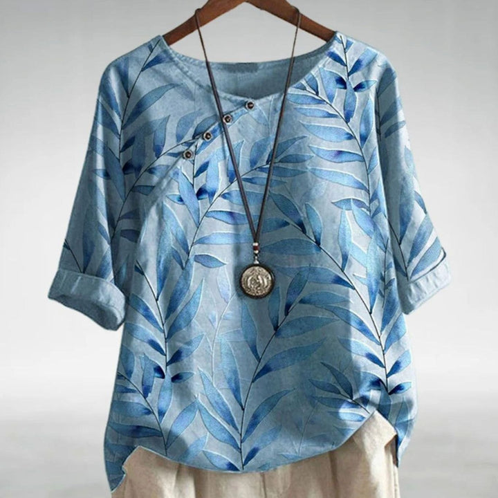 Women's Relaxed-Fit Leaf Print Short-Sleeve Button Blouse - Blue