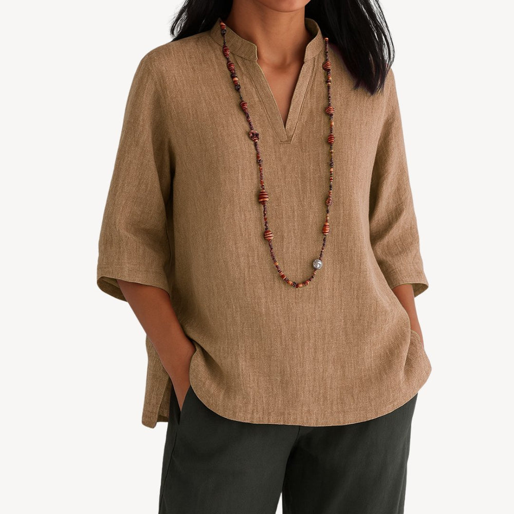 Women's Relaxed-Fit Linen 3/4 Sleeve V-Neck Tunic Blouse - Brown