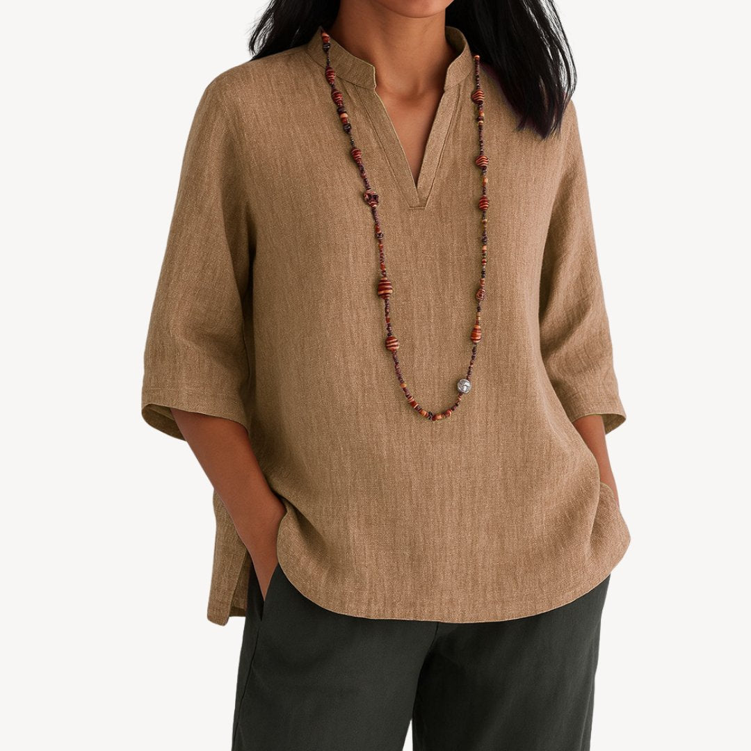 Women's Relaxed-Fit Linen 3/4 Sleeve V-Neck Tunic Blouse - Brown