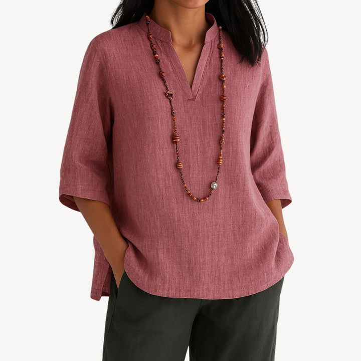 Women's Relaxed-Fit Linen 3/4 Sleeve V-Neck Tunic Blouse - Pink