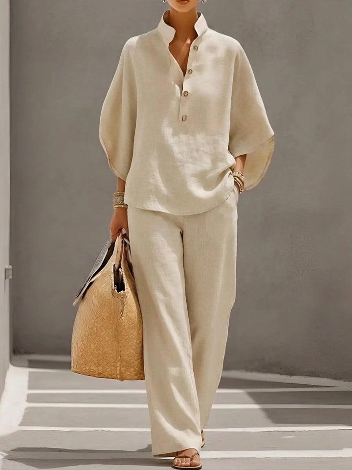 Women's Relaxed-Fit Linen Wide-Leg Pants Top 2-Piece Set - Sand
