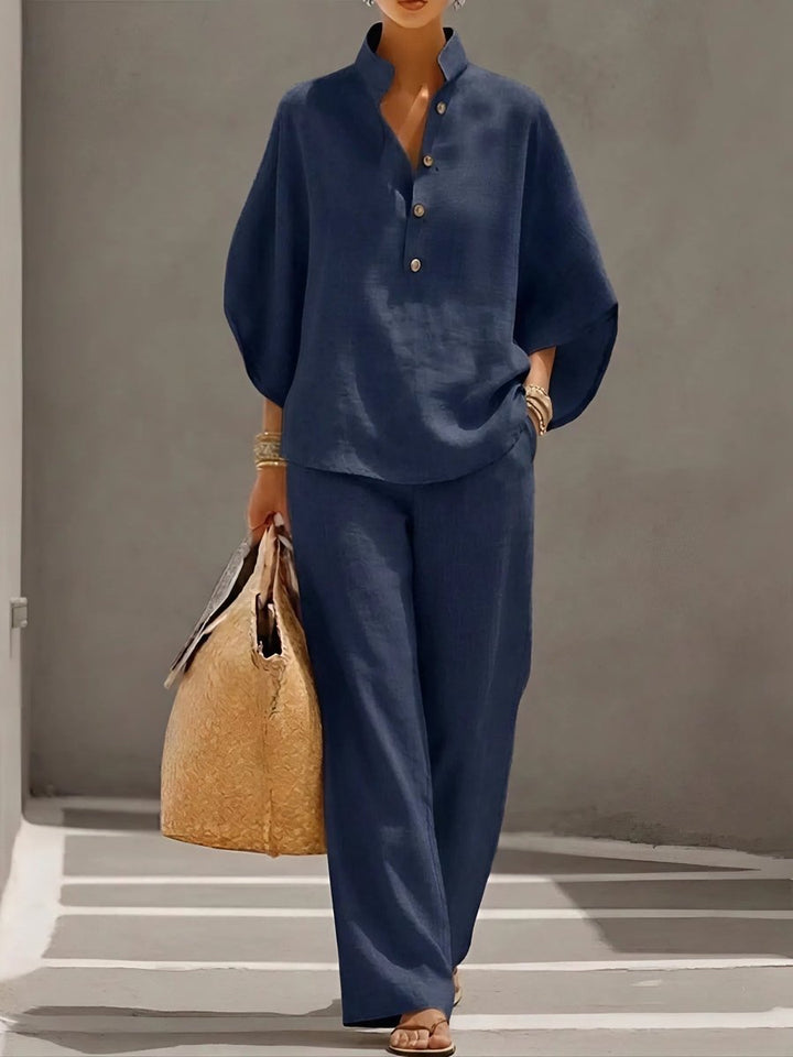 Women's Relaxed-Fit Linen Wide-Leg Pants Top 2-Piece Set - Navy Blue