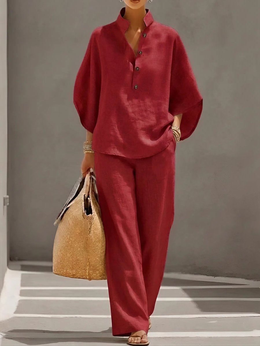 Women's Relaxed-Fit Linen Wide-Leg Pants Top 2-Piece Set - Red