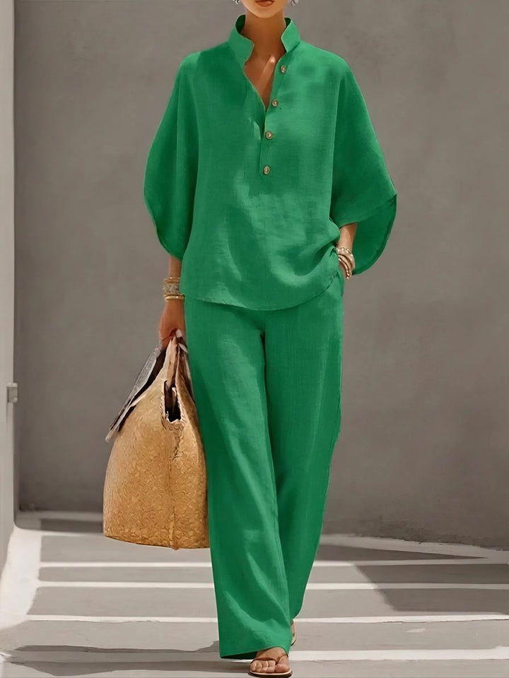 Women's Relaxed-Fit Linen Wide-Leg Pants Top 2-Piece Set - Green