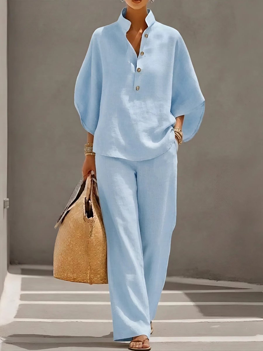 Women's Relaxed-Fit Linen Wide-Leg Pants Top 2-Piece Set - Light Blue