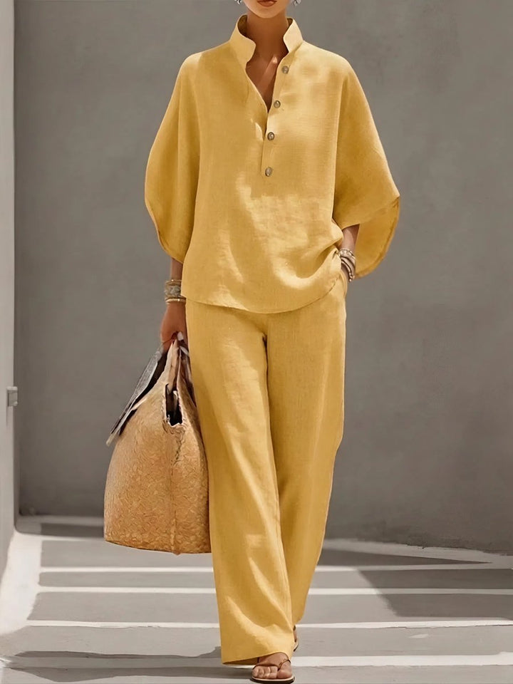 Women's Relaxed-Fit Linen Wide-Leg Pants Top 2-Piece Set - Yellow