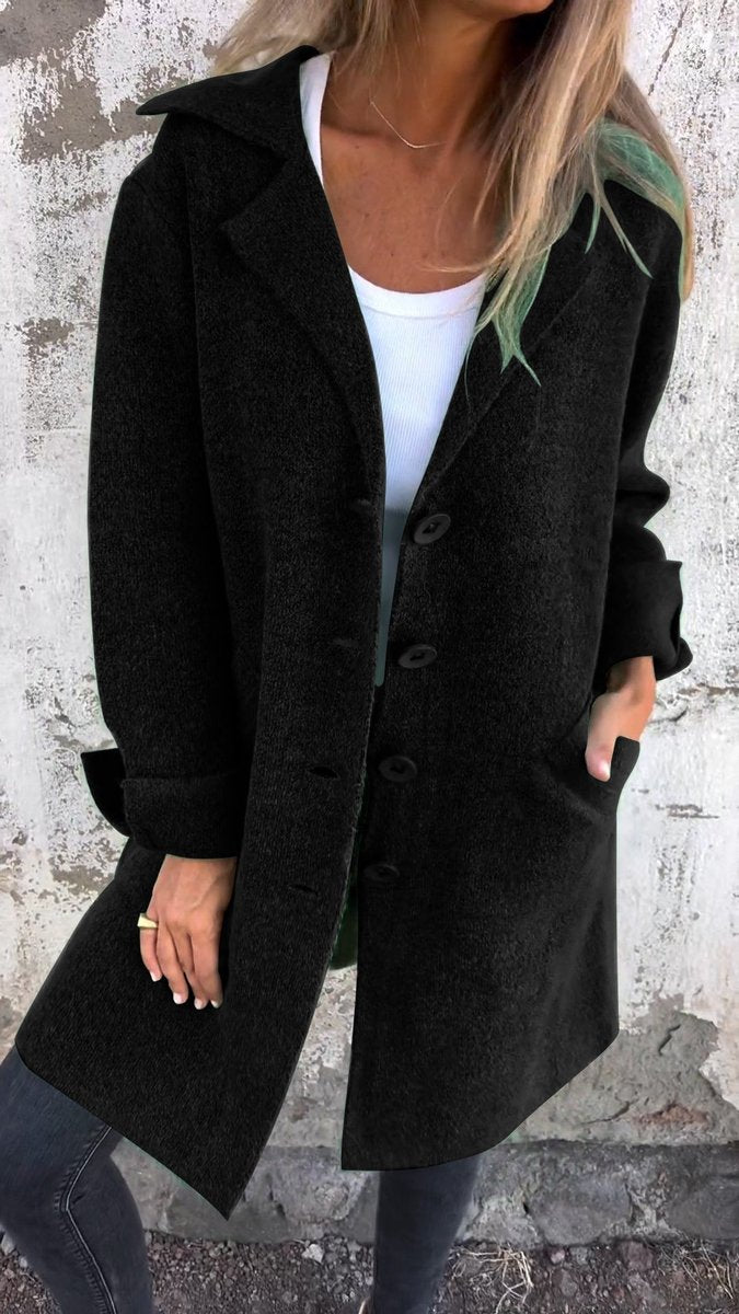 Women's Relaxed-Fit Long Button-Front Lapel Coat - Black