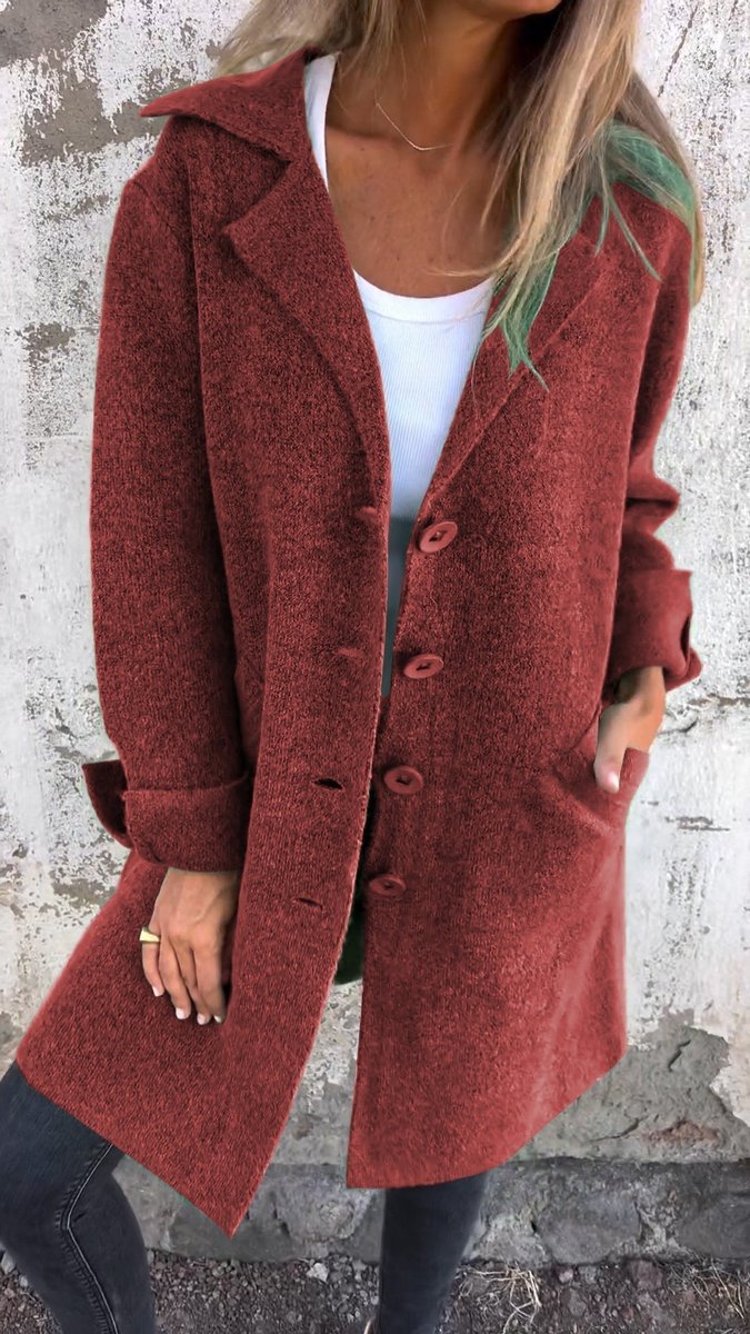 Women's Relaxed-Fit Long Button-Front Lapel Coat - Red