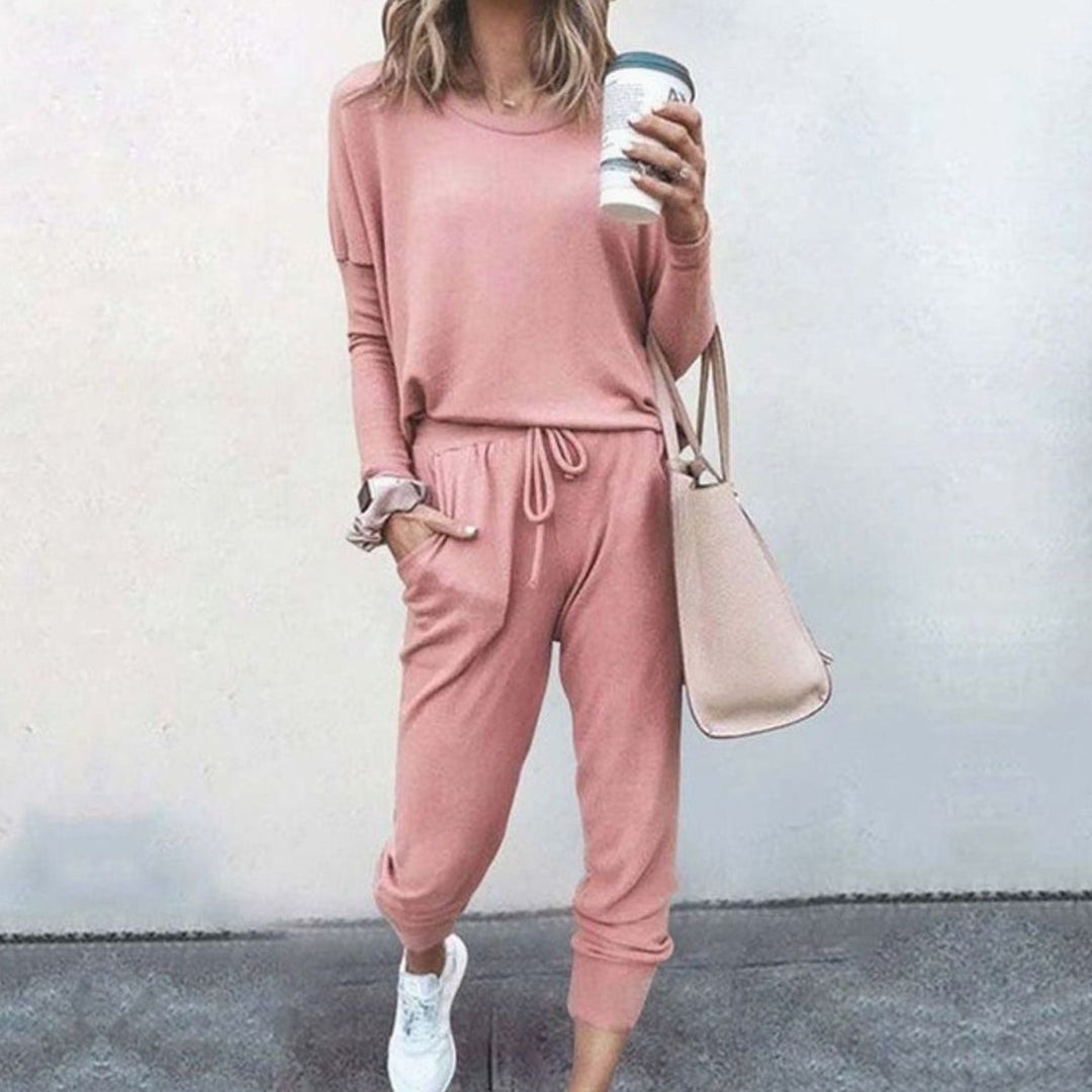 Women's Relaxed-Fit Long-Sleeve Drawstring Loungewear Sets - Pink
