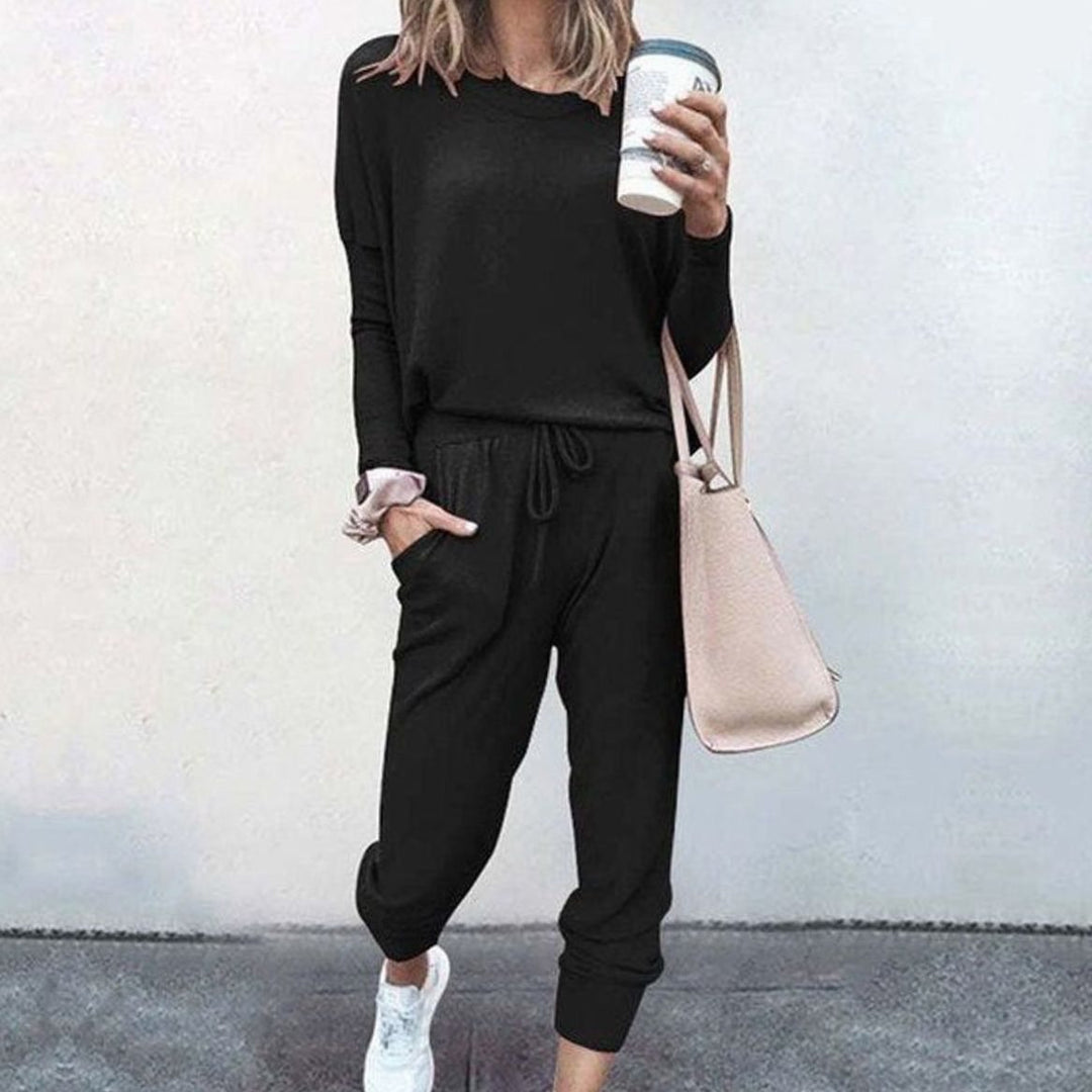 Women's Relaxed-Fit Long-Sleeve Drawstring Loungewear Sets - Black
