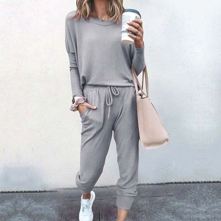 Women's Relaxed-Fit Long-Sleeve Drawstring Loungewear Sets - Grey