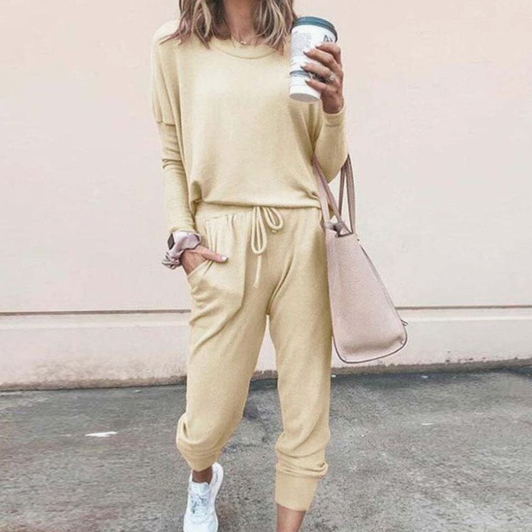 Women's Relaxed-Fit Long-Sleeve Drawstring Loungewear Sets - Yellow