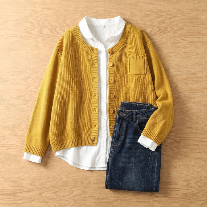 Women's Relaxed-Fit Long Sleeve Knit Button-Front Cardigan - Mustard Yellow