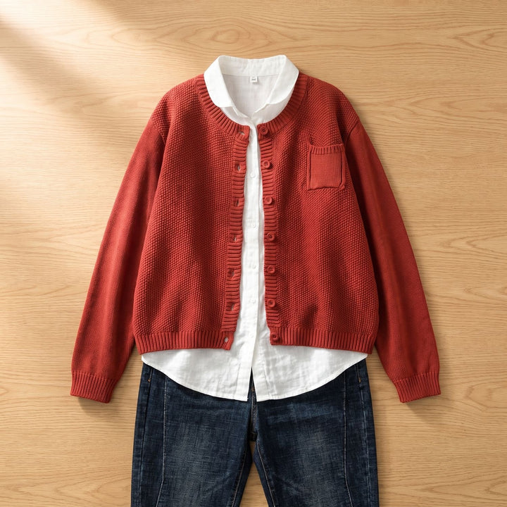Women's Relaxed-Fit Long Sleeve Knit Button-Front Cardigan - Red