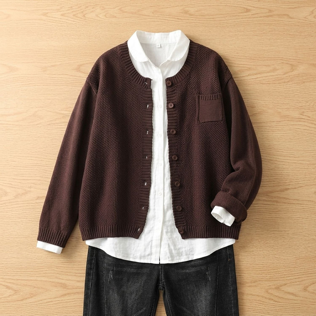 Women's Relaxed-Fit Long Sleeve Knit Button-Front Cardigan - Coffee Brown