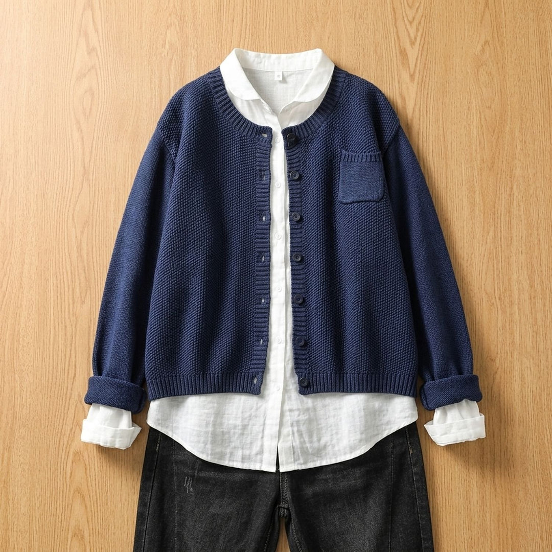 Women's Relaxed-Fit Long Sleeve Knit Button-Front Cardigan - Navy Blue