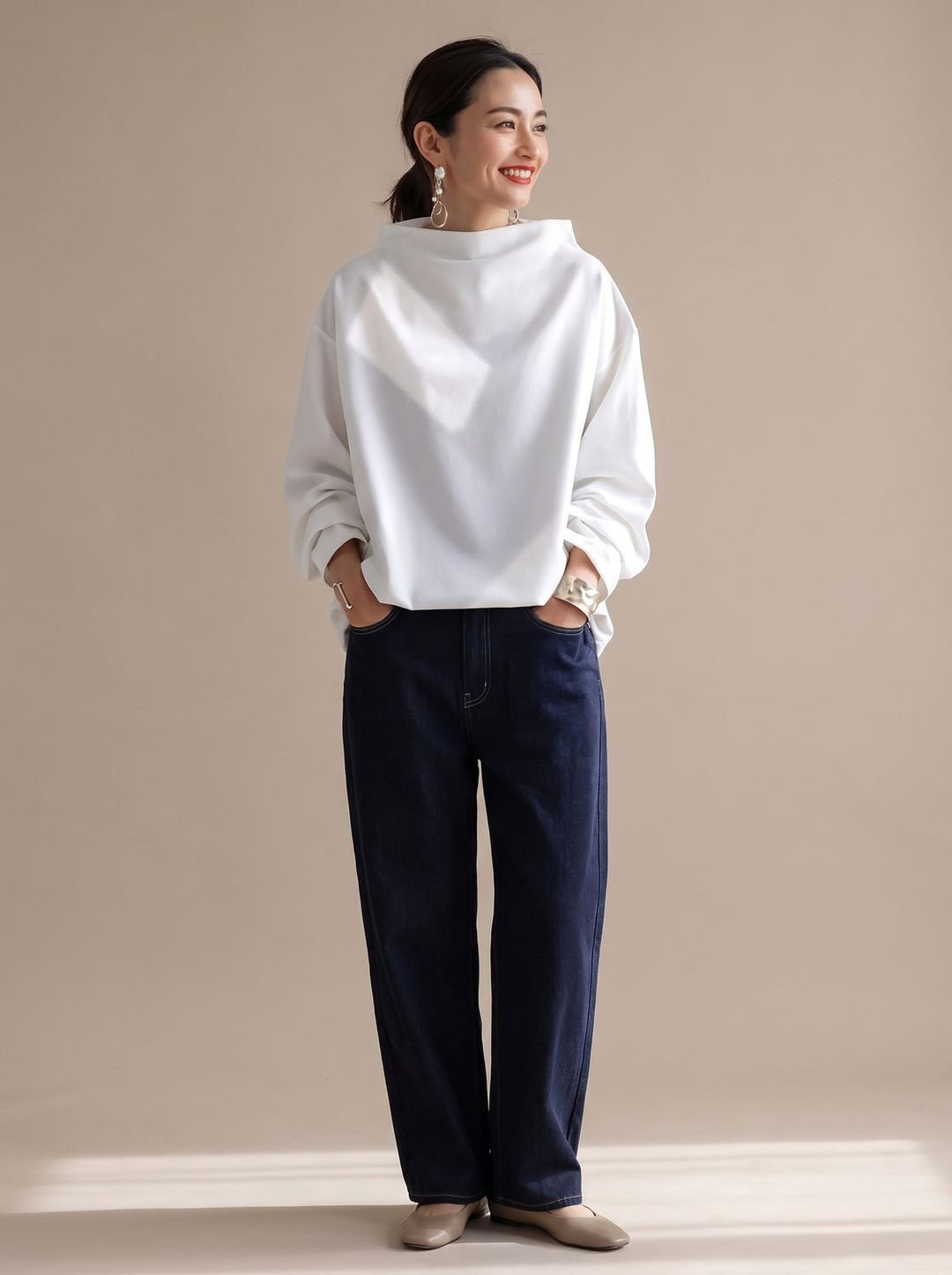Women's Relaxed-Fit Mock-Neck Long-Sleeve Pullover Top - White
