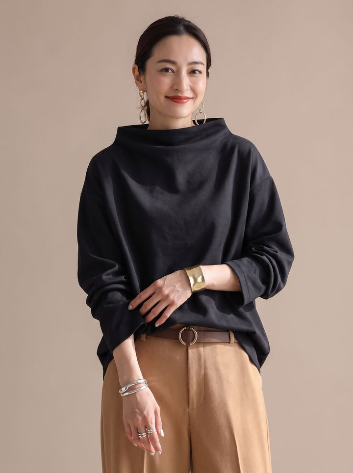 Women's Relaxed-Fit Mock-Neck Long-Sleeve Pullover Top - Black