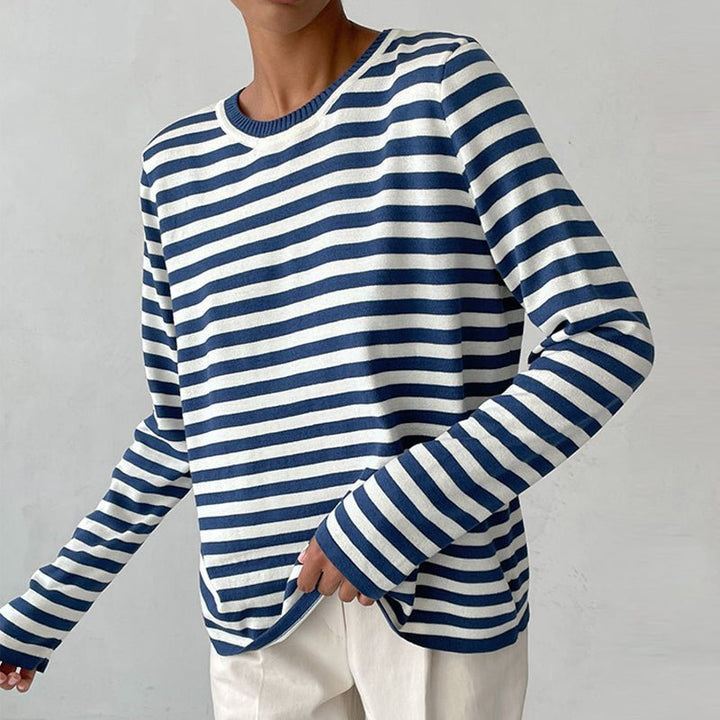Women's Relaxed-Fit Nautical Striped Long Sleeve Sweater - Blue