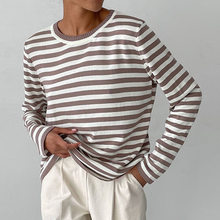 Women's Relaxed-Fit Nautical Striped Long Sleeve Sweater - Brown