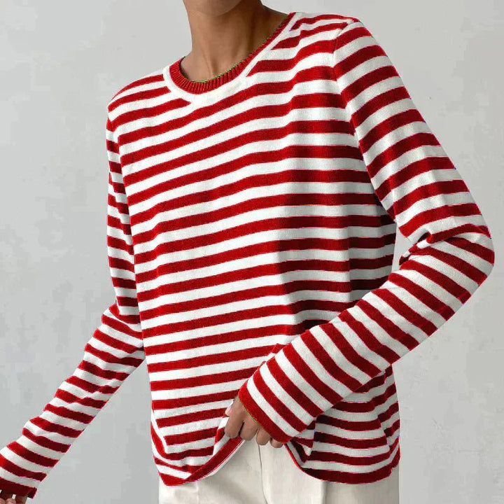 Women's Relaxed-Fit Nautical Striped Long Sleeve Sweater - Red