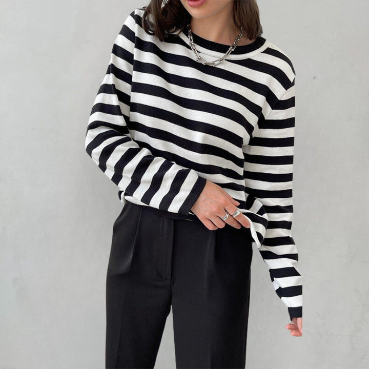 Women's Relaxed-Fit Nautical Striped Long Sleeve Sweater - Black