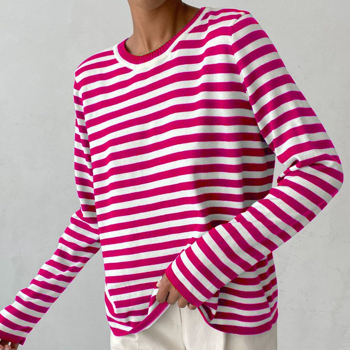 Women's Relaxed-Fit Nautical Striped Long Sleeve Sweater - Pink