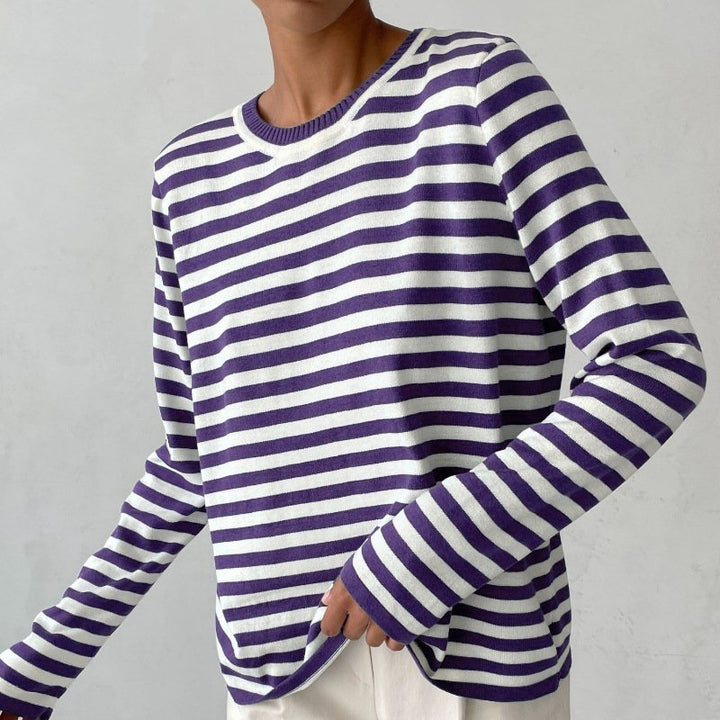 Women's Relaxed-Fit Nautical Striped Long Sleeve Sweater - Purple