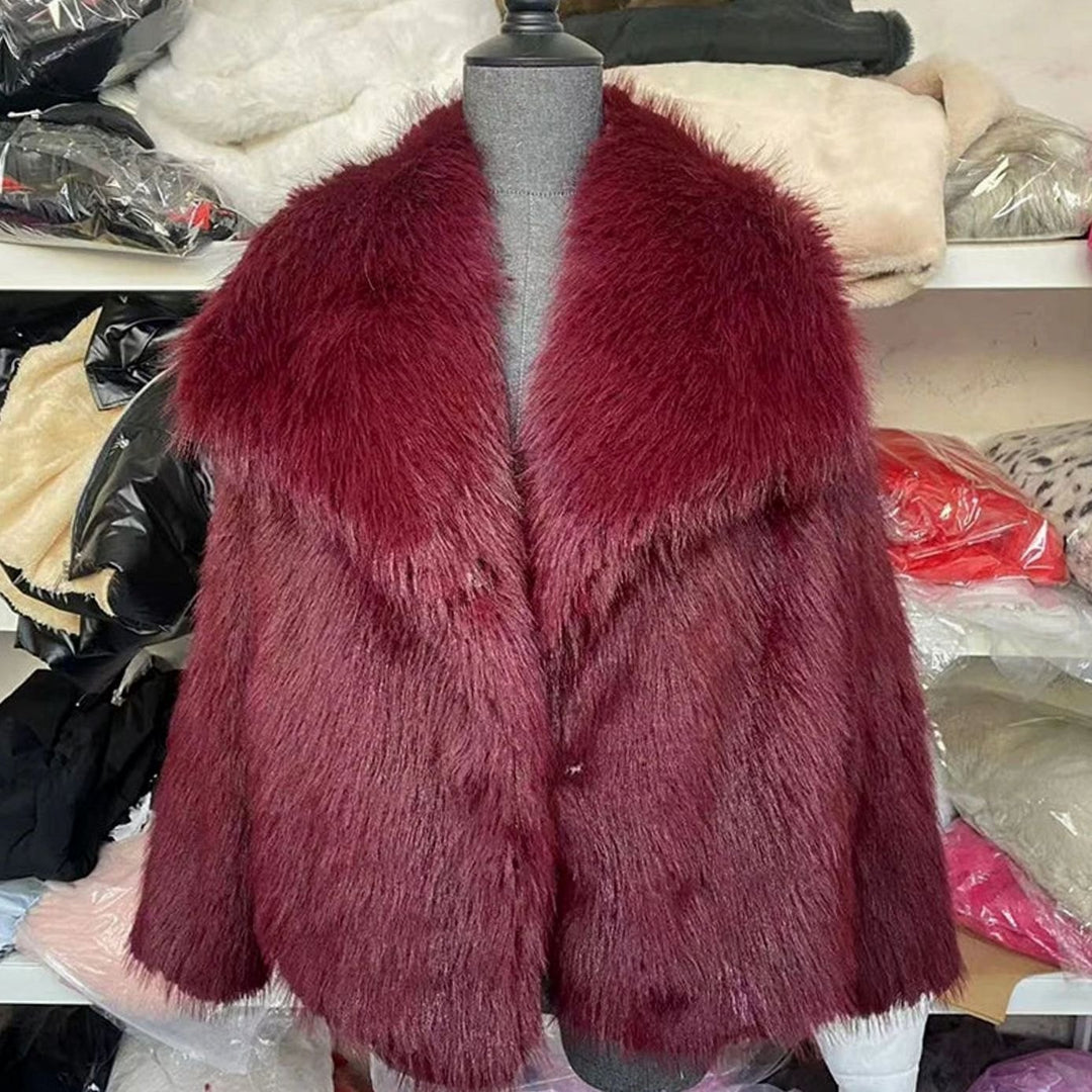 Women's Relaxed-Fit Open-Front Faux Fur Jacket - Burgundy