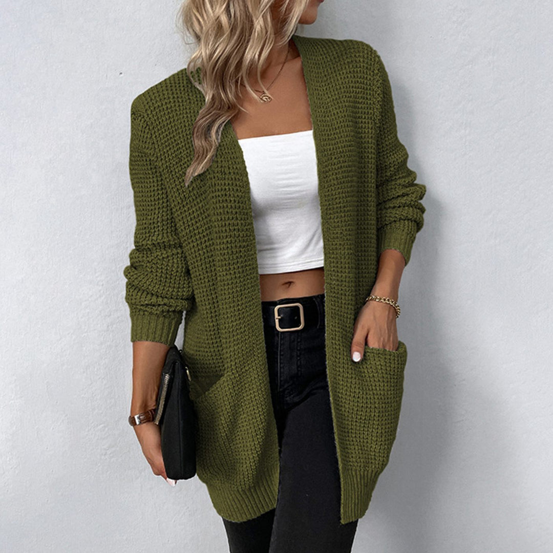 Women's Relaxed-Fit Open-Front Long Knit Winter Cardigan Patch Pockets - Army Green