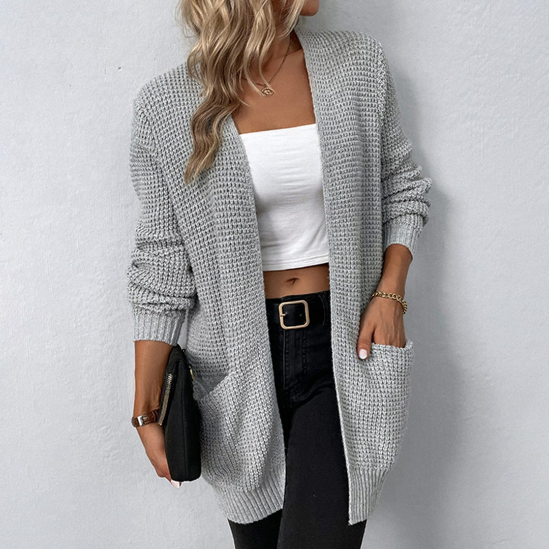 Women's Relaxed-Fit Open-Front Long Knit Winter Cardigan Patch Pockets - Grey