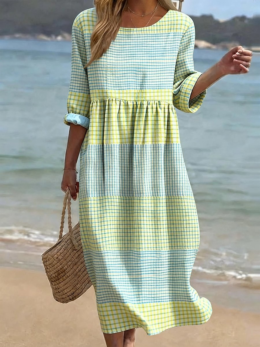 Women's Relaxed-Fit Printed Half-Sleeve Crew-Neck Midi Dress - Plaid