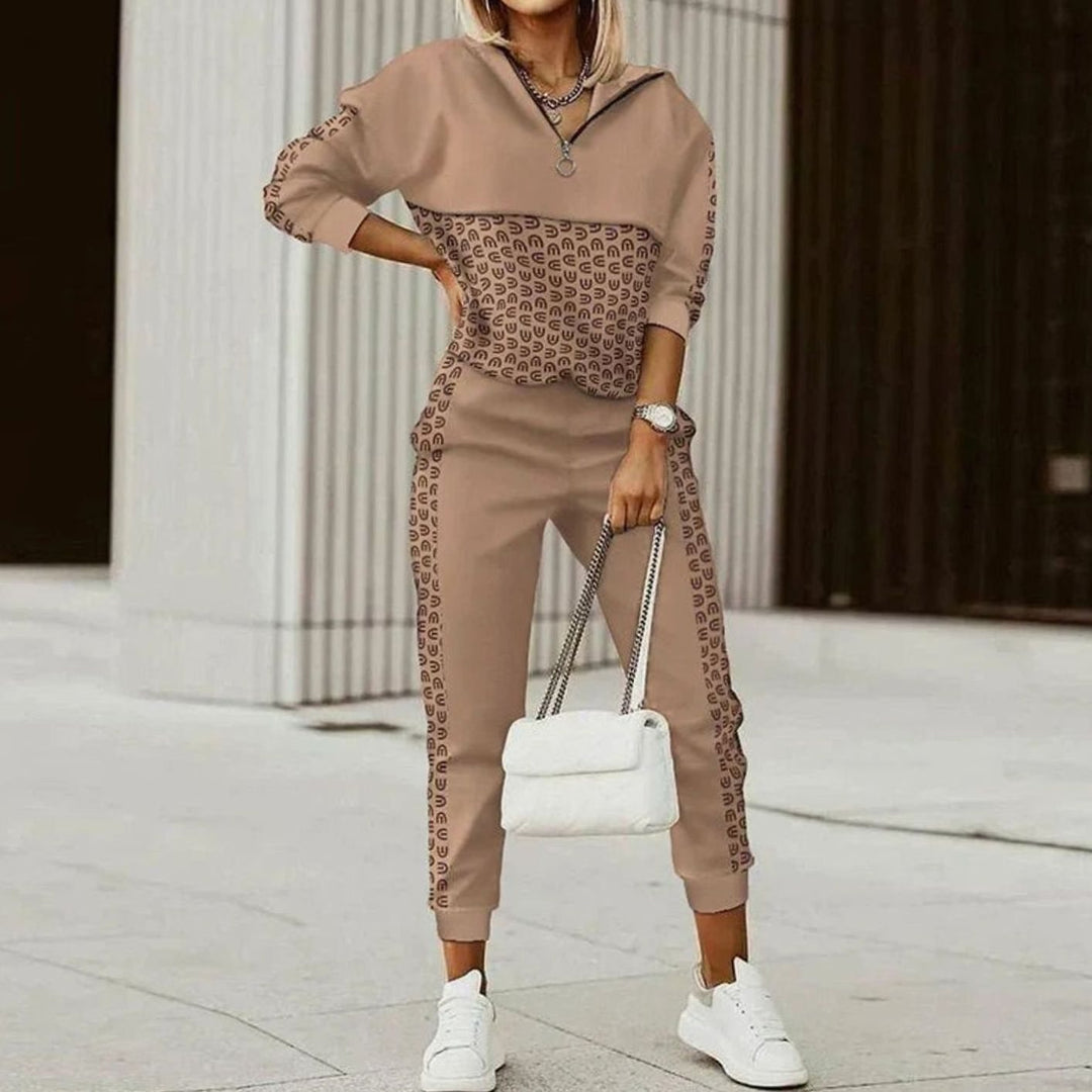 Women's Relaxed-Fit Quarter-Zip Printed Tracksuit Set - Brown
