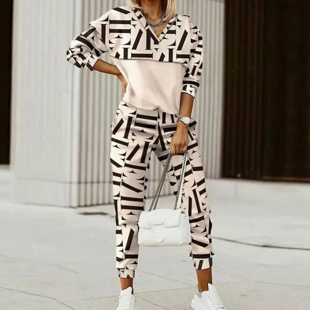 Women's Relaxed-Fit Quarter-Zip Printed Tracksuit Set - Beige