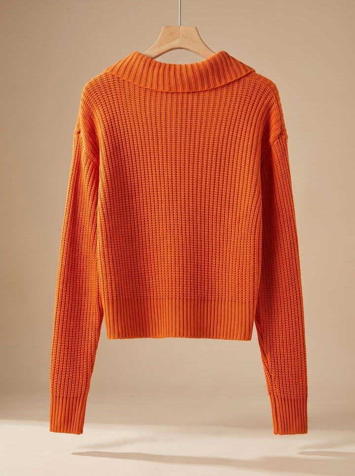 Women's Relaxed-Fit Ribbed Knit Folded-Collar Pullover Sweater - Orange-Red