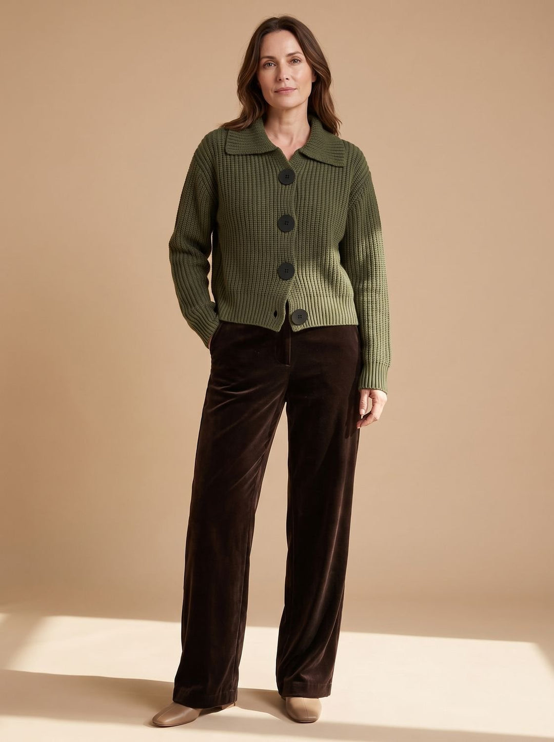Women's Relaxed-Fit Ribbed Knit Folded-Collar Pullover Sweater - Fern Green