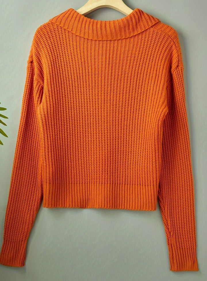 Women's Relaxed-Fit Ribbed Knit Sweater Folded Collar Pullover - Orange-Red