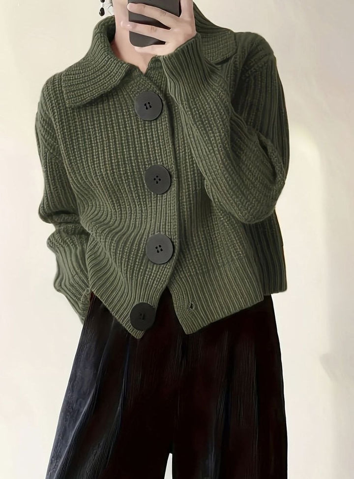 Women's Relaxed-Fit Ribbed Knit Sweater Folded Collar Pullover - Fern Green